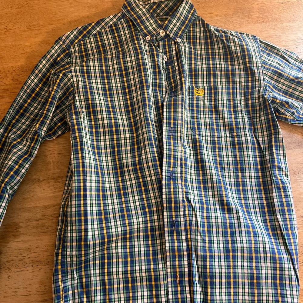 Cinch Button Down Shirt Long Sleeve Plaid Blue Green Cotton Boys Large 12